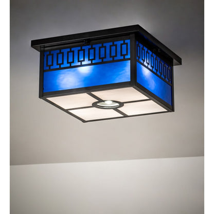 Meyda Tiffany Kungsholm 4 Light 26" Wide Flush Mount Square Ceiling Fixture with Blue Glass Shade - Craftsman Brown Finish