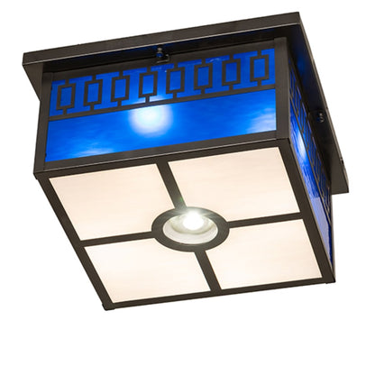 Meyda Tiffany Kungsholm 4 Light 26" Wide Flush Mount Square Ceiling Fixture with Blue Glass Shade - Craftsman Brown Finish