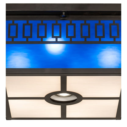 Meyda Tiffany Kungsholm 4 Light 26" Wide Flush Mount Square Ceiling Fixture with Blue Glass Shade - Craftsman Brown Finish