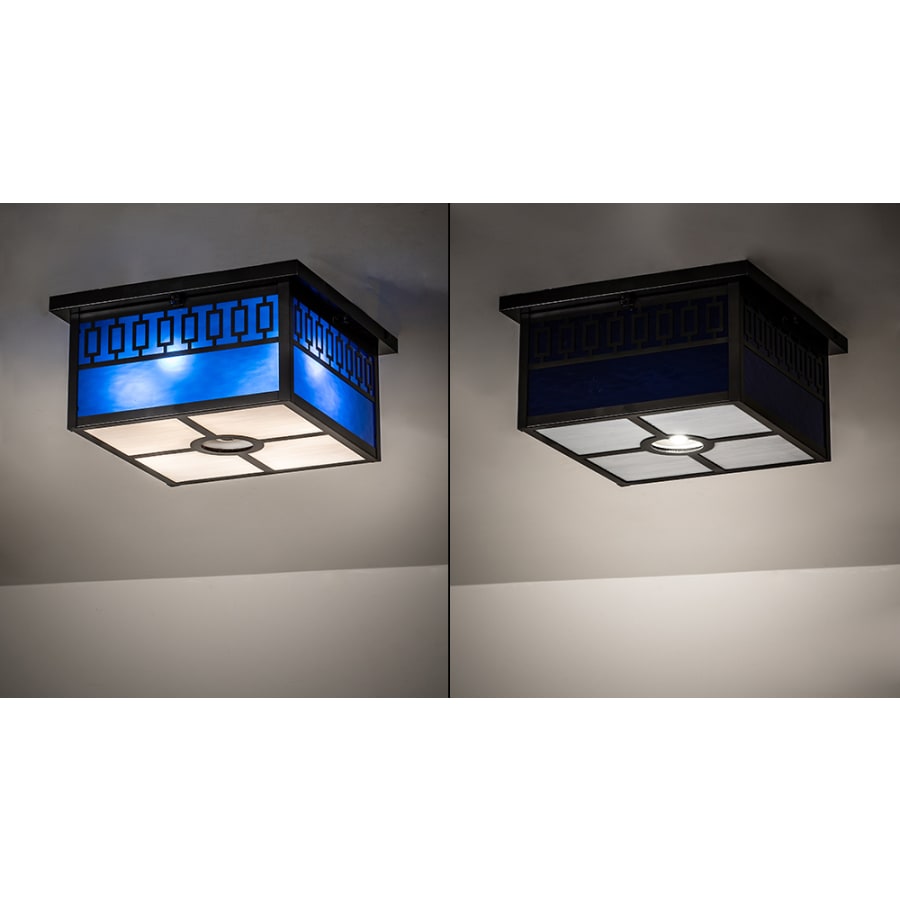 Meyda Tiffany Kungsholm 4 Light 26" Wide Flush Mount Square Ceiling Fixture with Blue Glass Shade - Craftsman Brown Finish