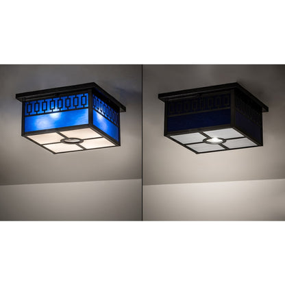 Meyda Tiffany Kungsholm 4 Light 26" Wide Flush Mount Square Ceiling Fixture with Blue Glass Shade - Craftsman Brown Finish