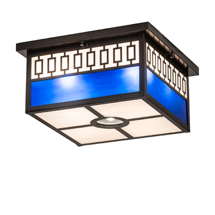 Meyda Tiffany Kungsholm 4 Light 26" Wide Flush Mount Square Ceiling Fixture with Blue and White Glass Shade - Craftsman Brown Finish