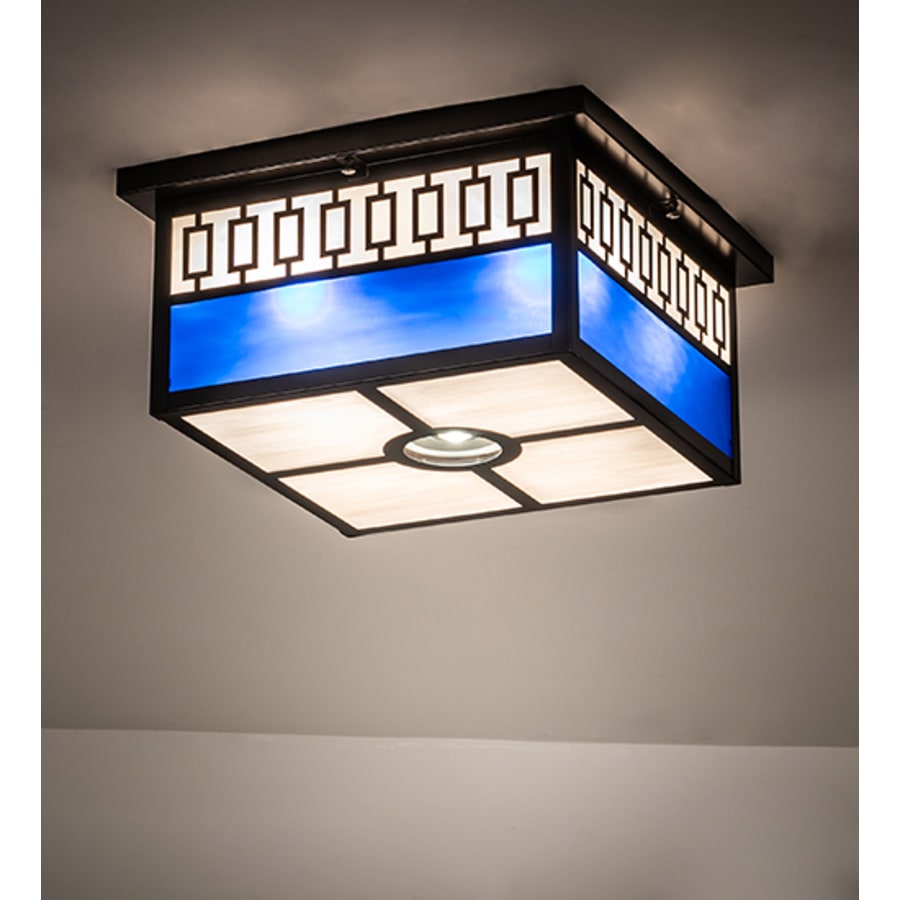 Meyda Tiffany Kungsholm 4 Light 26" Wide Flush Mount Square Ceiling Fixture with Blue and White Glass Shade - Craftsman Brown Finish