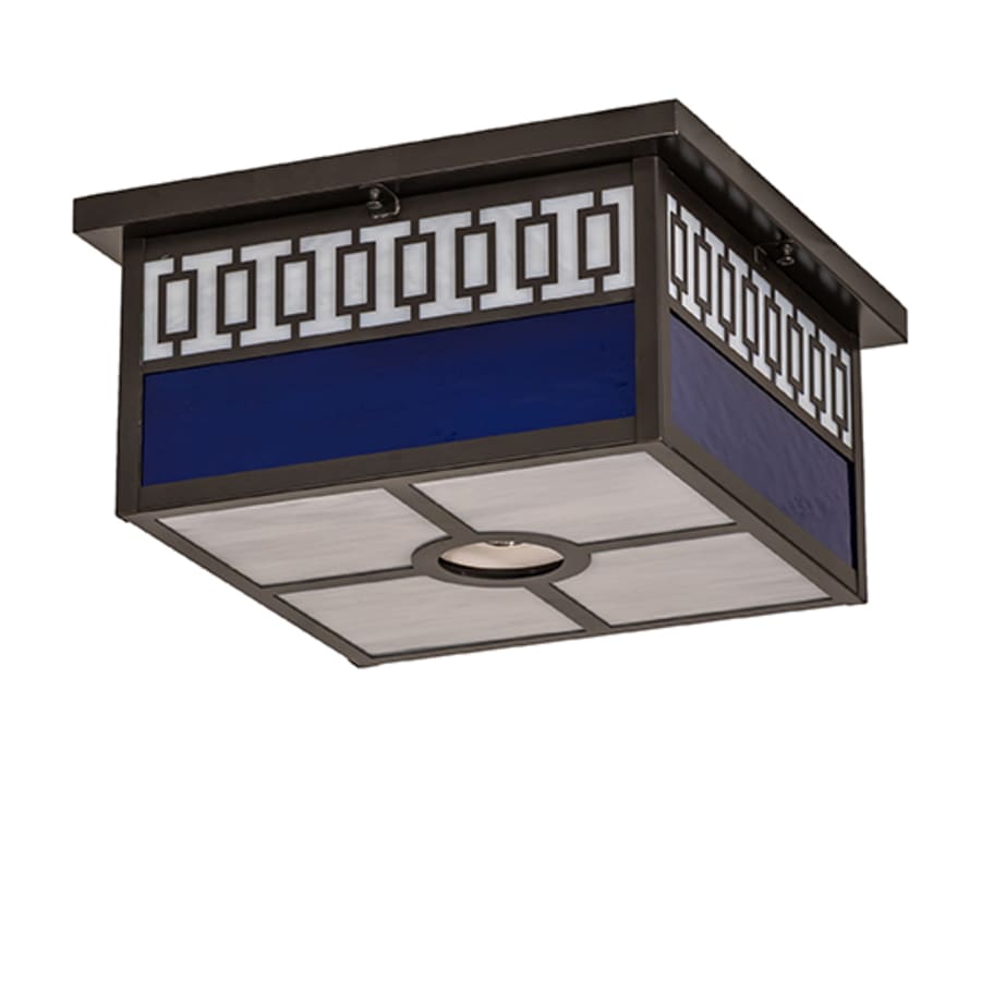 Meyda Tiffany Kungsholm 4 Light 26" Wide Flush Mount Square Ceiling Fixture with Blue and White Glass Shade - Craftsman Brown Finish