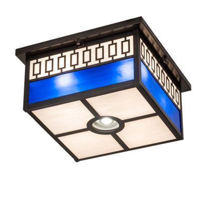 Meyda Tiffany Kungsholm 4 Light 26" Wide Flush Mount Square Ceiling Fixture with Blue and White Glass Shade - Craftsman Brown Finish