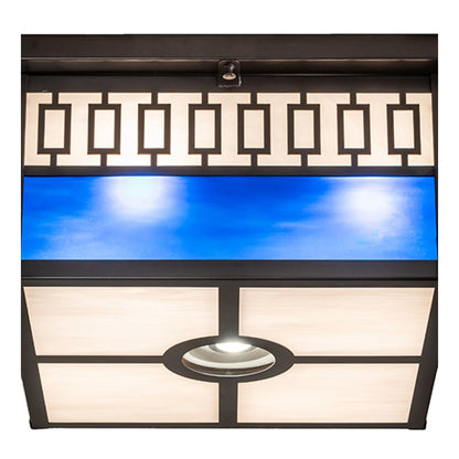 Meyda Tiffany Kungsholm 4 Light 26" Wide Flush Mount Square Ceiling Fixture with Blue and White Glass Shade - Craftsman Brown Finish