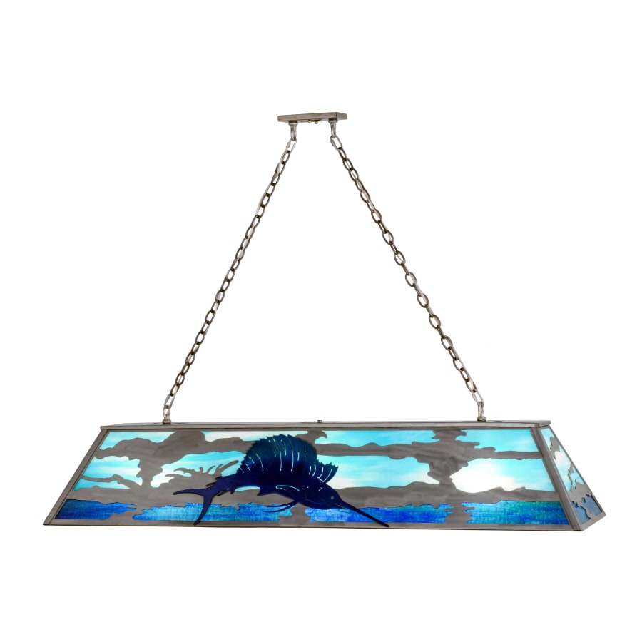 Meyda Tiffany Sailfish 9 Light 61" Wide Linear Chandelier with Blue Glass Shade