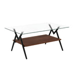 modern glass center table with metal legs and MDF lower support panel for indoor use