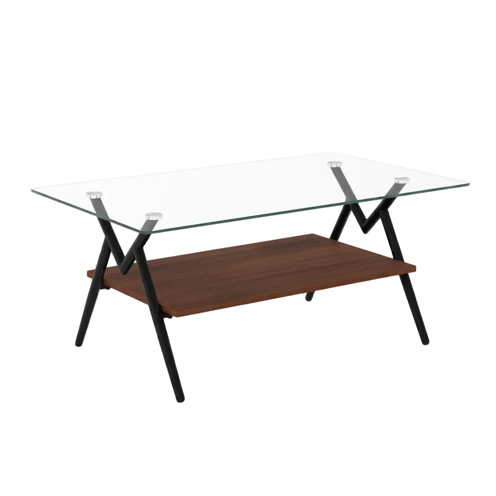 modern glass center table with metal legs and MDF lower support panel for indoor use