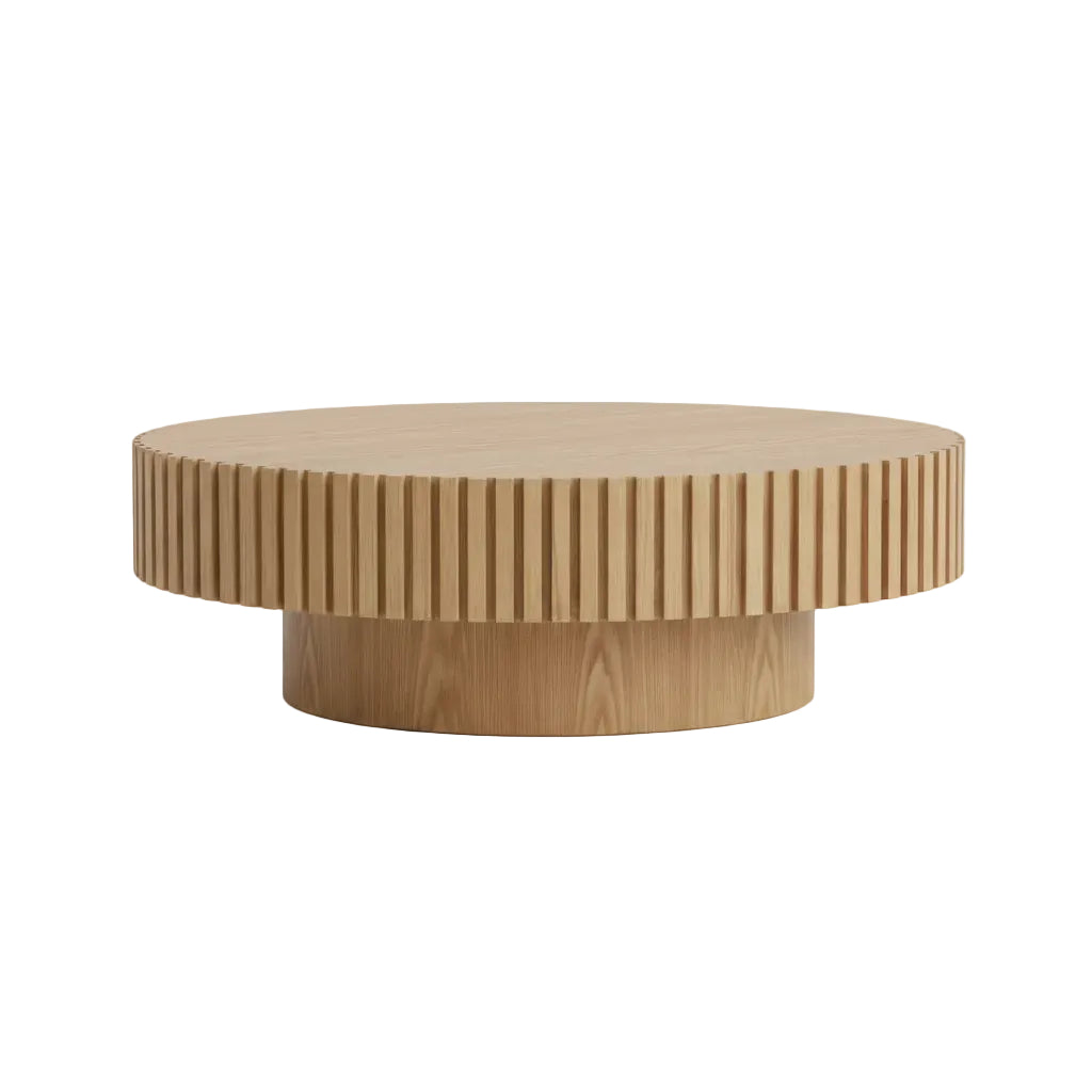 natural ash oval drum coffee table with pedestal base placed in modern living room interior