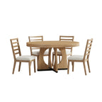 natural wood round dining table set with four matching chairs arranged in dining room interior