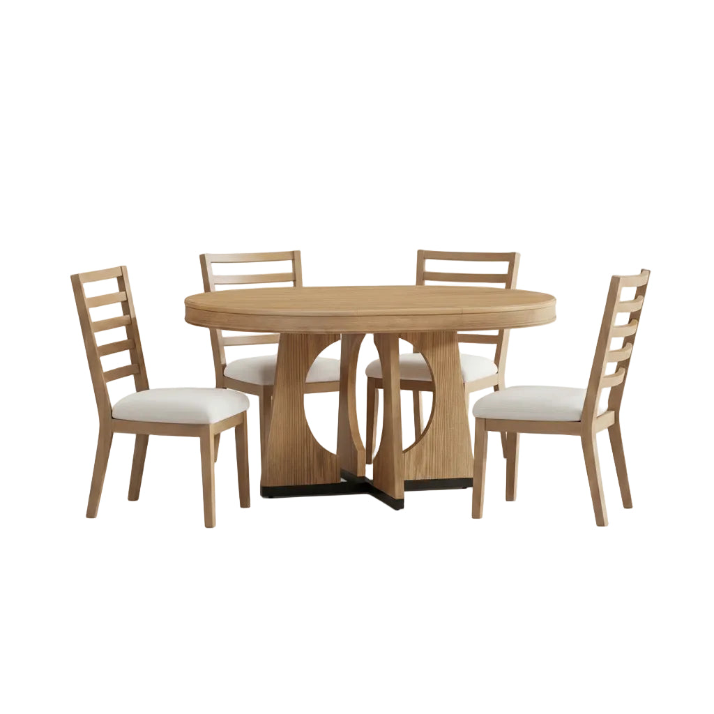 natural wood round dining table set with four matching chairs arranged in dining room interior
