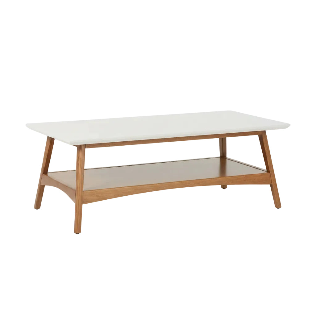 off white wood coffee table with lower storage shelf placed in modern living room interior