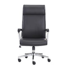 side view of black leather office chair with metal frame structure