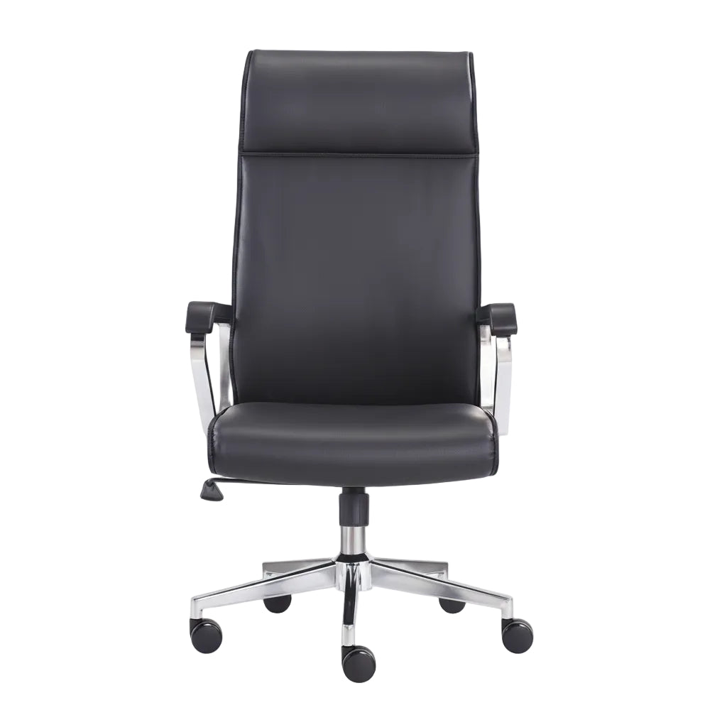 side view of black leather office chair with metal frame structure