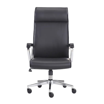 side view of black leather office chair with metal frame structure