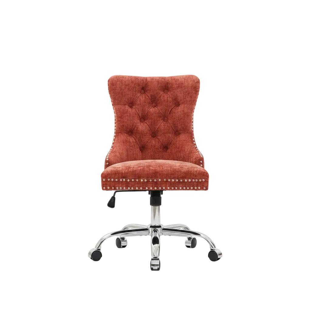 orange chenille office chair shown in full front view with tufted back