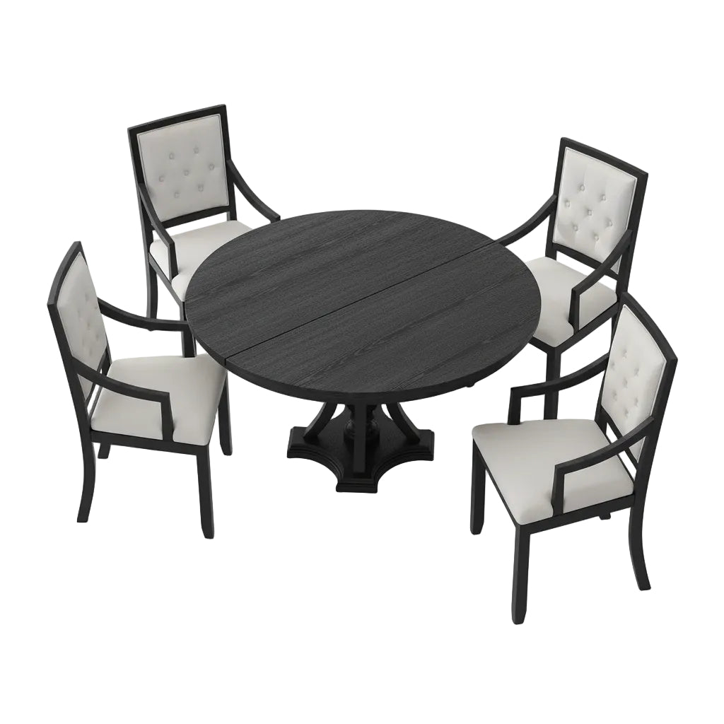 round black and oak dining table featuring adjustable table length for flexible seating use
