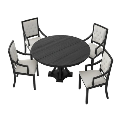 round black and oak dining table featuring adjustable table length for flexible seating use