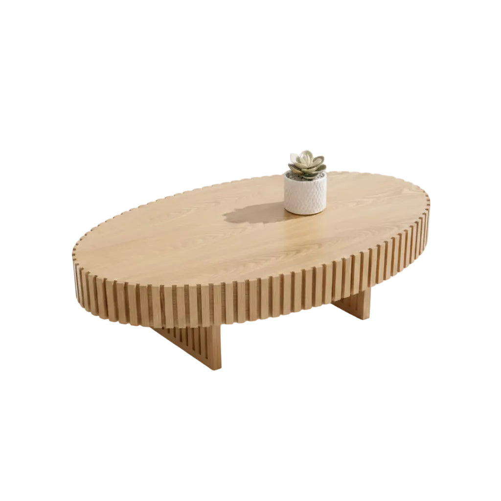 oval wood look coffee table featuring natural ash finish and compact drum structure