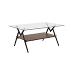 rectangular glass coffee table with metal support frame placed in modern living room interior