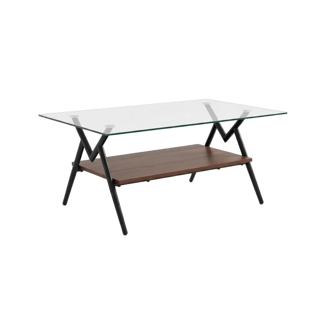 rectangular glass coffee table with metal support frame placed in modern living room interior