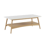 rectangular living room table with off white tabletop finish and natural wood support frame