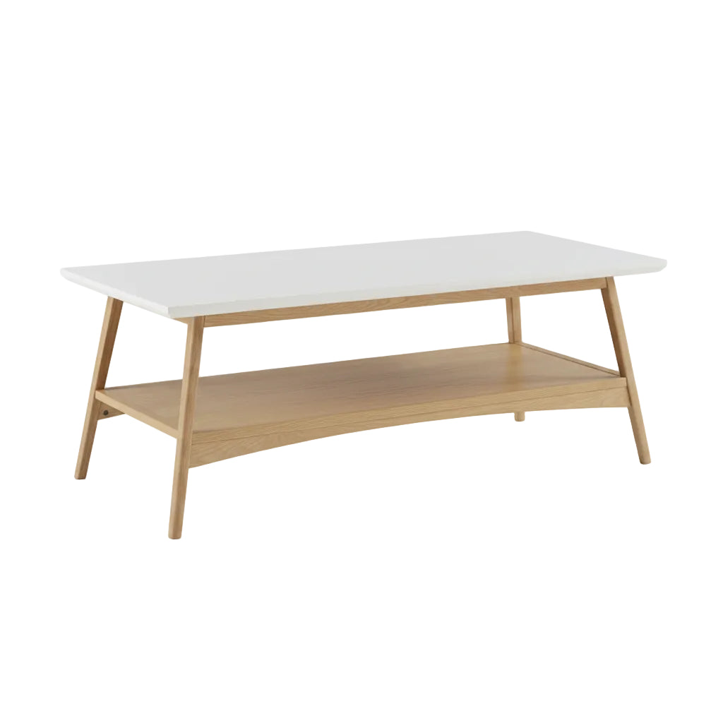 rectangular living room table with off white tabletop finish and natural wood support frame