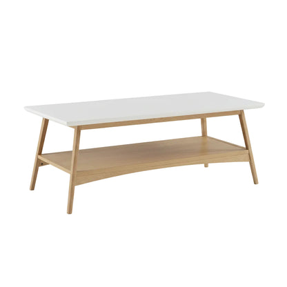 rectangular living room table with off white tabletop finish and natural wood support frame