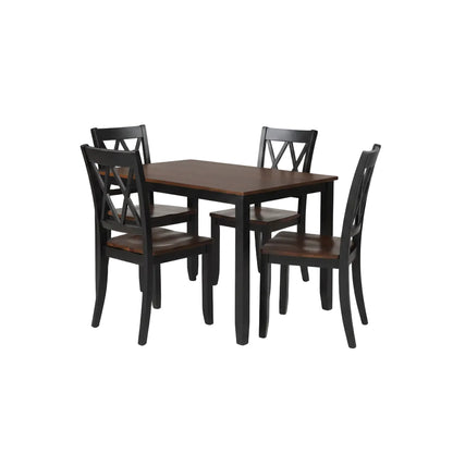 rectangular wood dining table paired with four slat back dining chairs for indoor use