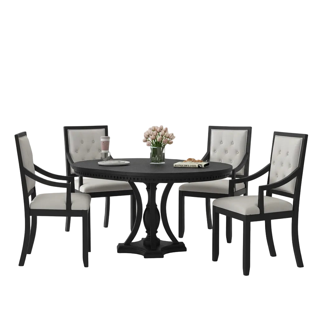round dining room table with black support structure and oak finish tabletop surface