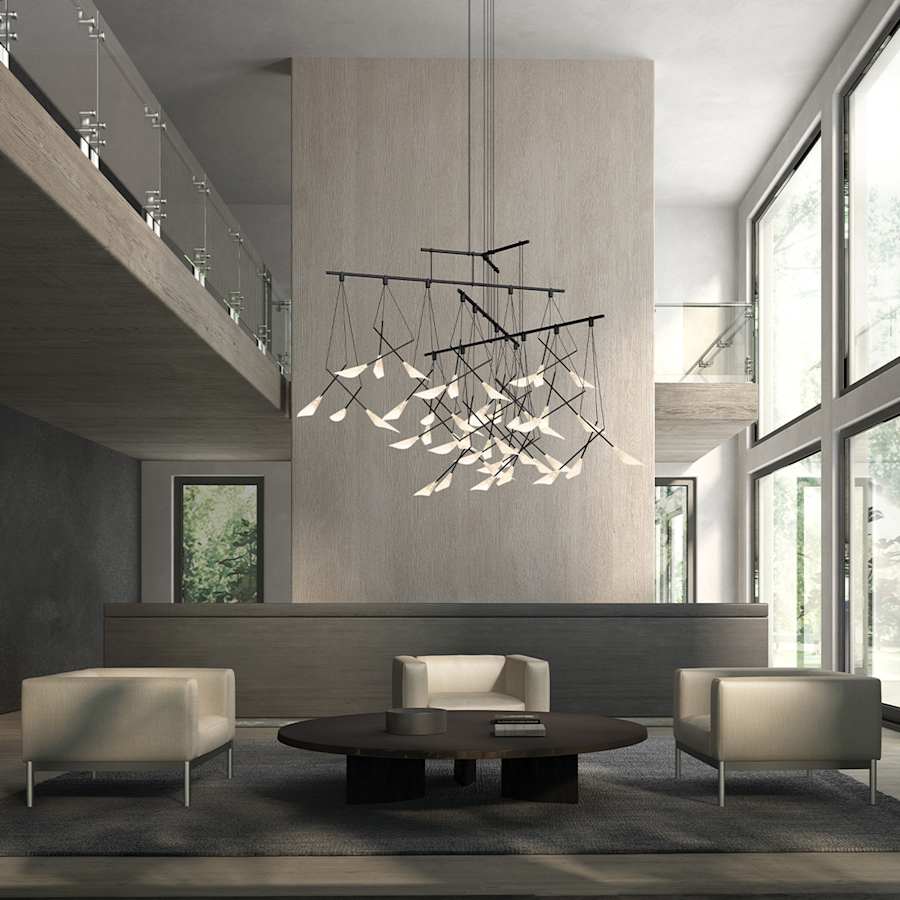 Sonneman Suspenders 48" 4-Tier Tri-Bar Chandelier with 9" Calla Luminaires and 18" Calla Luminaires