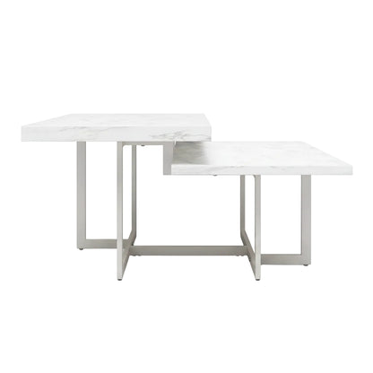 square marble look coffee table featuring lower storage platform and metal support frame