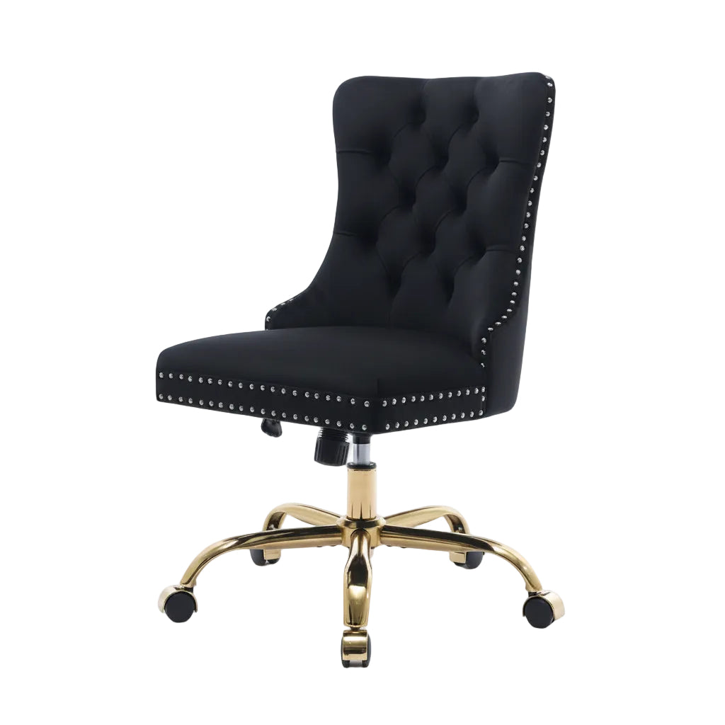 black velvet tufted study chair with adjustable seat height positioned near modern desk