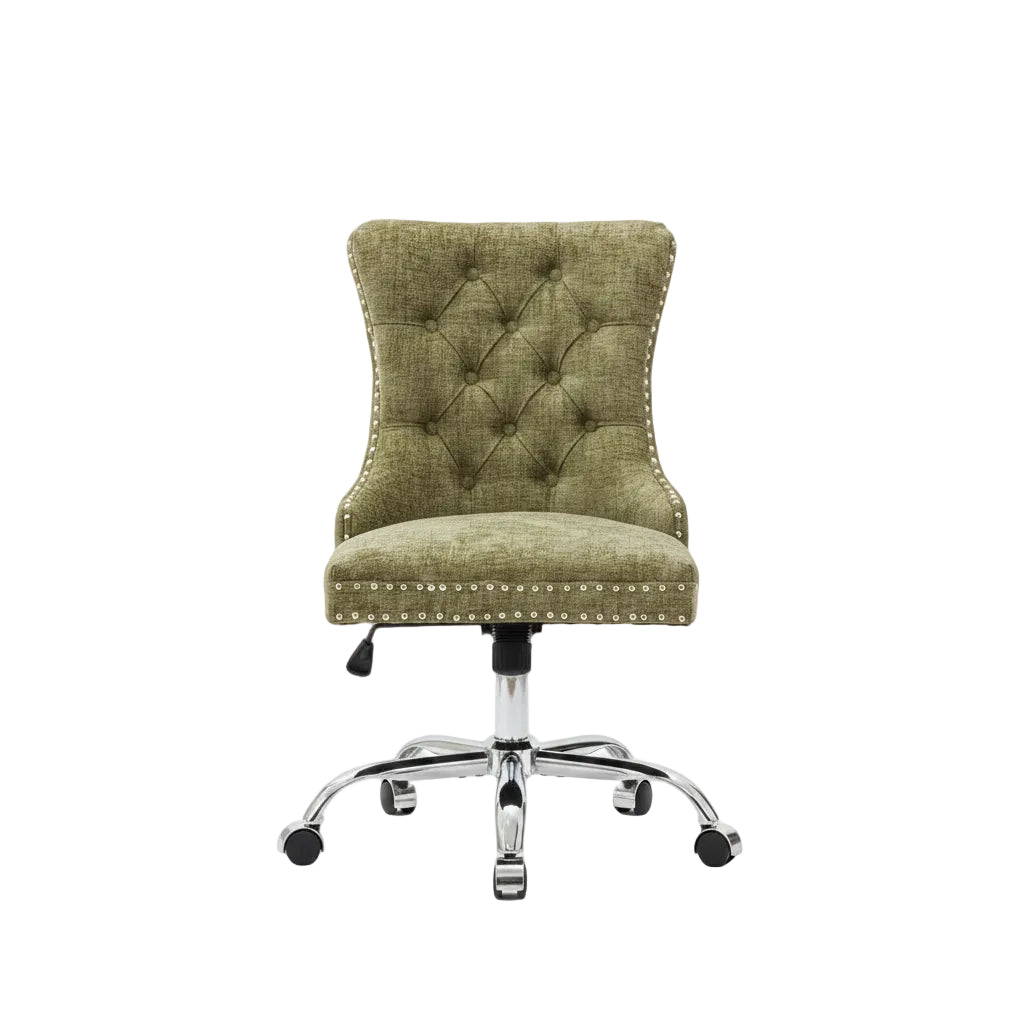 close up of tufted button detail and nailhead trim on office chair