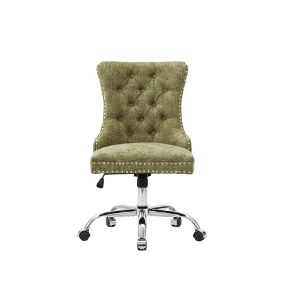 close up of tufted button detail and nailhead trim on office chair