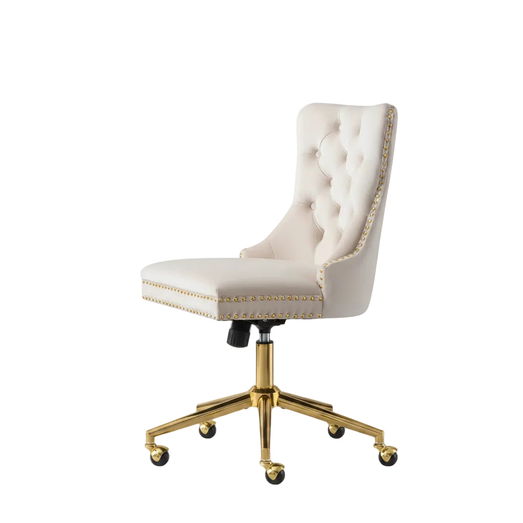 back view of velvet tufted office chair with compact structure