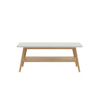 two tone coffee table featuring natural wood frame and open lower shelf storage section