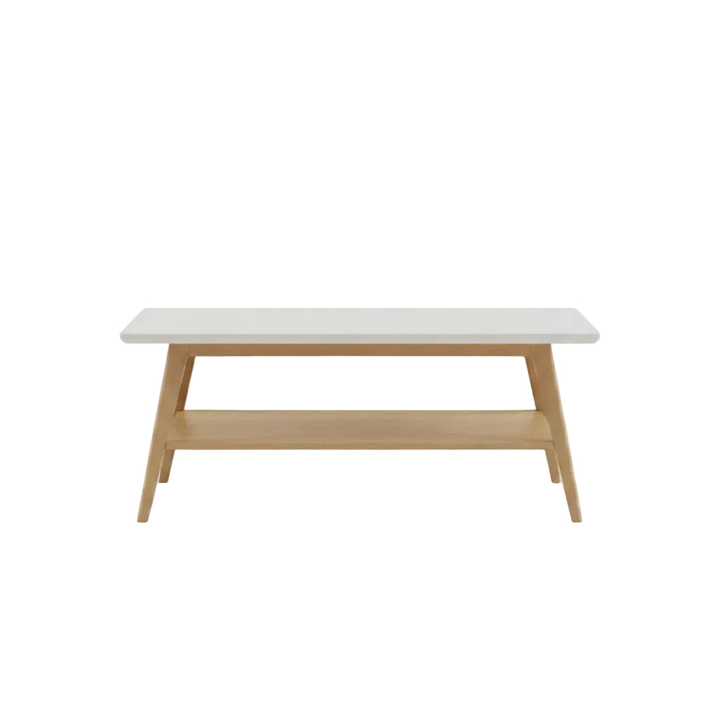 two tone coffee table featuring natural wood frame and open lower shelf storage section