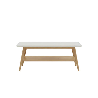 two tone coffee table featuring natural wood frame and open lower shelf storage section