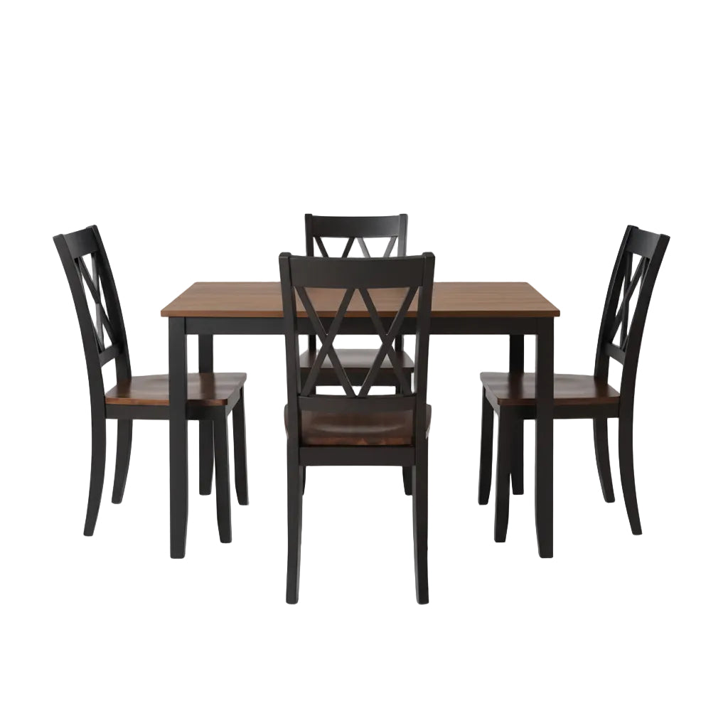 two tone dining table set featuring espresso tabletop and black support frame structure