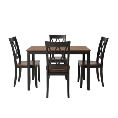 two tone dining table set featuring espresso tabletop and black support frame structure