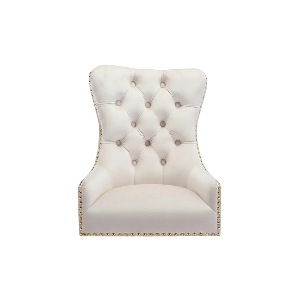 side view of beige velvet office chair with adjustable height feature