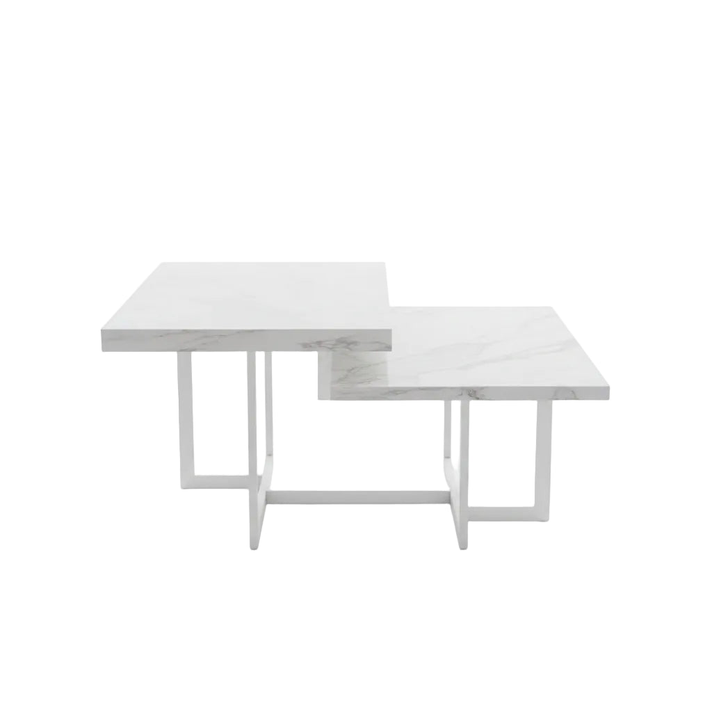 white faux marble square coffee table with two tier shelves placed in modern living room interior