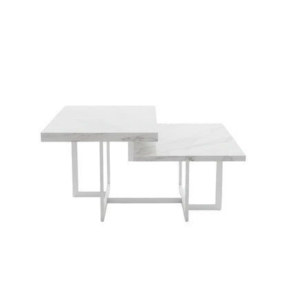 white faux marble square coffee table with two tier shelves placed in modern living room interior