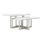 white marble coffee table with gray veining surface and powder coated steel base