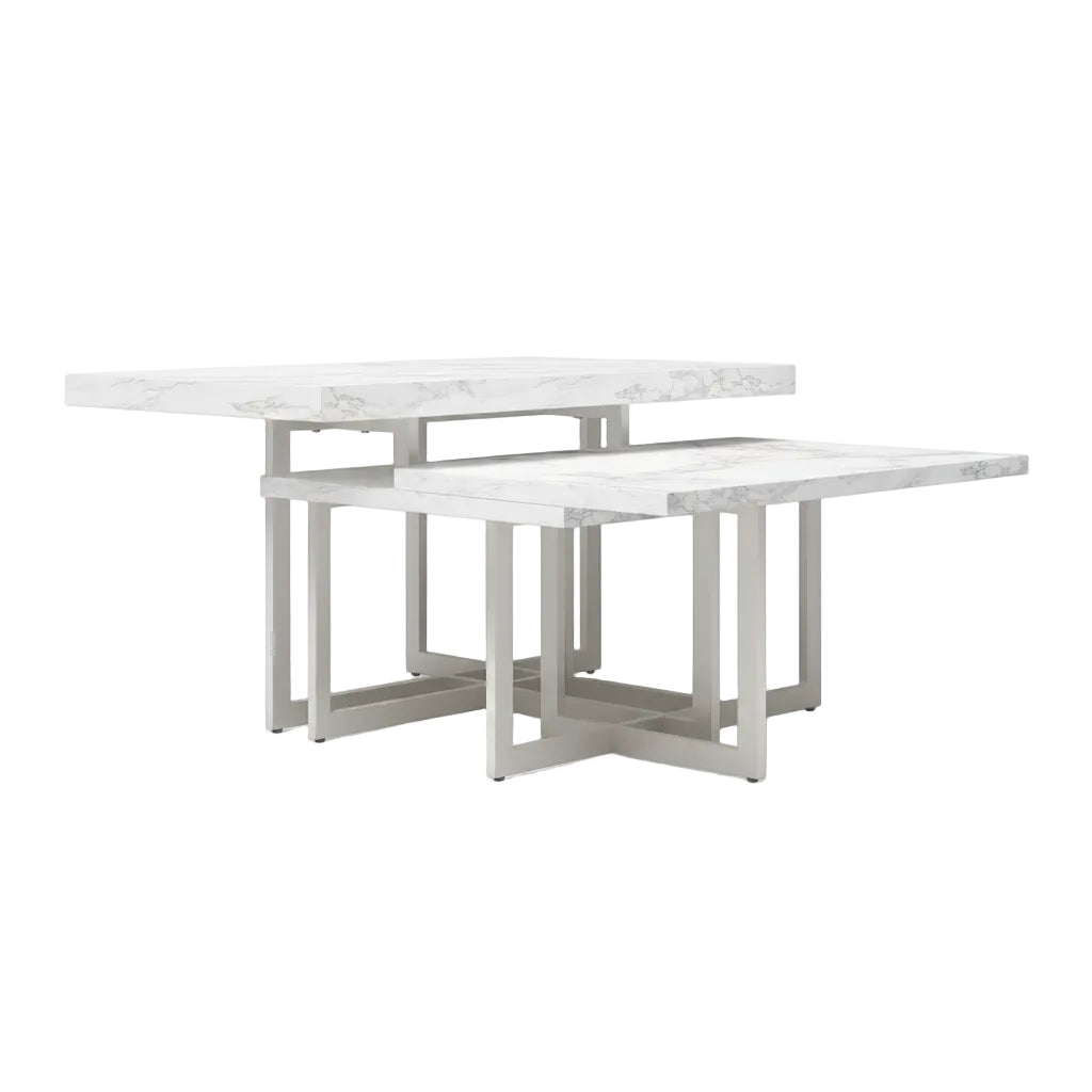 white marble coffee table with gray veining surface and powder coated steel base