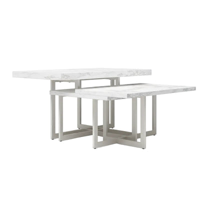 white marble coffee table with gray veining surface and powder coated steel base