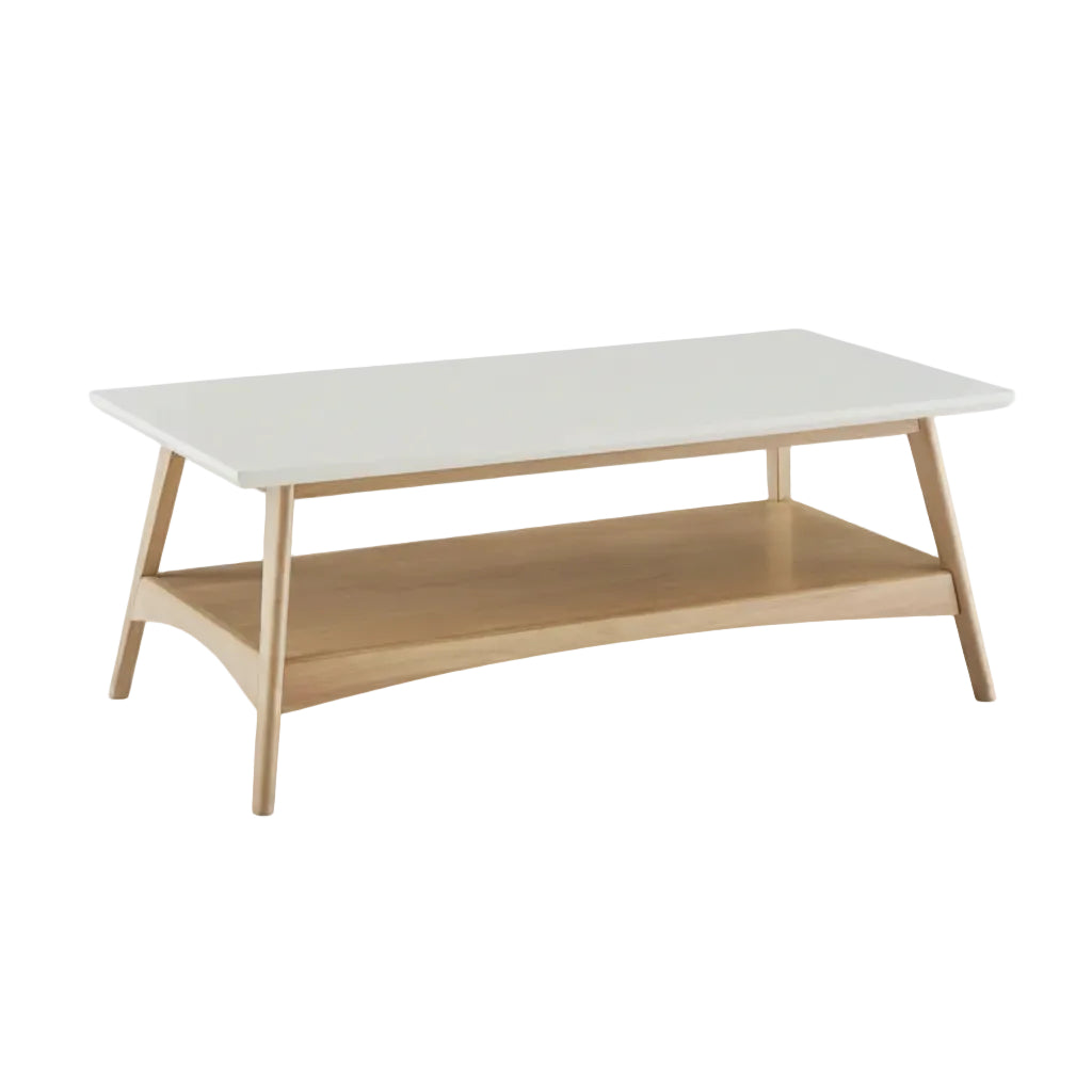 wood coffee table with display shelf arranged inside home lounge and seating environment
